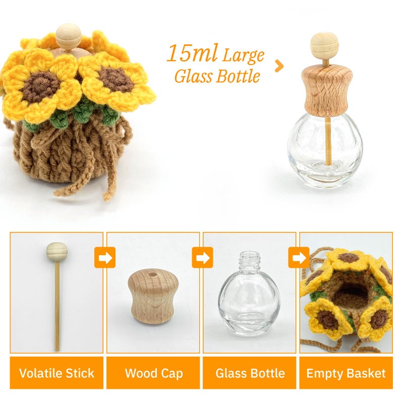 SGIBYN Crochet Car Air Freshener, 15ml Empty Refillable Oil Diffuser Bottle with Hanging Crochet Sunflower for Car Rearview Mirror Decor Air Freshener Diffuser for Home, and Office Decor(Sunflower) - Image 4