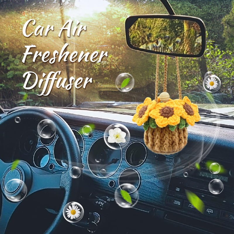 SGIBYN Crochet Car Air Freshener, 15ml Empty Refillable Oil Diffuser Bottle with Hanging Crochet Sunflower for Car Rearview Mirror Decor Air Freshener Diffuser for Home, and Office Decor(Sunflower) - Image 2