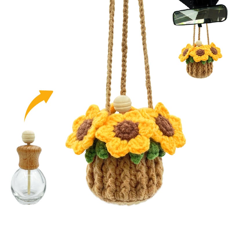 SGIBYN Crochet Car Air Freshener, 15ml Empty Refillable Oil Diffuser Bottle with Hanging Crochet Sunflower for Car Rearview Mirror Decor Air Freshener Diffuser for Home, and Office Decor(Sunflower) - Image 1