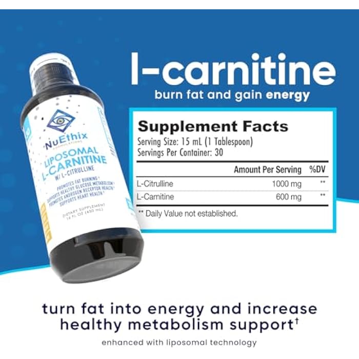 NuEthix Formulations Lipsomal L-Carnitine Supplement 600mg with L-Citrulline 1000mg for Healthy Weight Management, Fat Metabolism, Energy Production and Increased Blood Flow, for Men & Women - Image 4