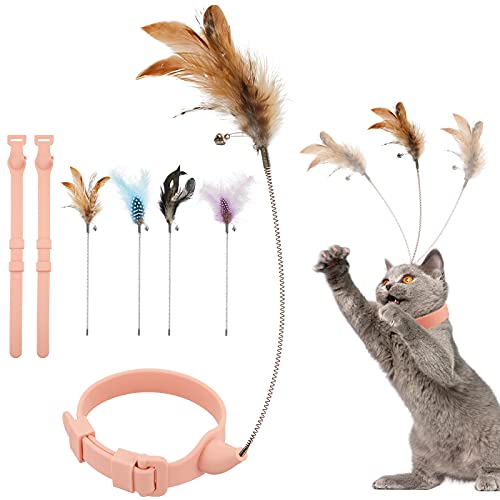 Sumind 6 Pcs Cat Collar Toy Attached with Feather Funny Interactive Cat Stick Wand Toys with Bell Adjustable Fun Kitten Teaser for Indoor Kittens and Small Animals Exercise Training - Image 1