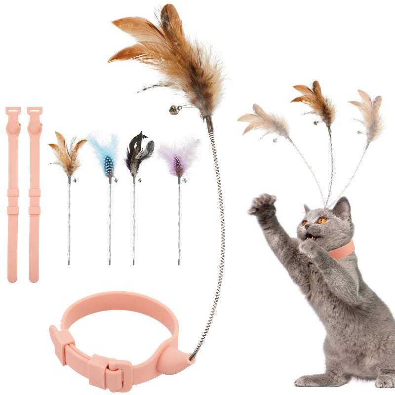 Sumind 6 Pcs Cat Collar Toy Attached with Feather Funny Interactive Cat Stick Wand Toys with Bell Adjustable Fun Kitten Teaser for Indoor Kittens and Small Animals Exercise Training - Image 2
