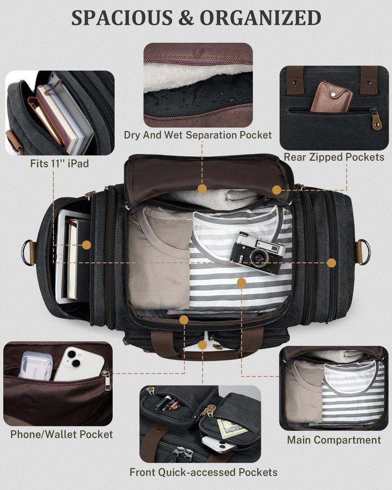 Gonex Canvas Duffle Bag for Travel, Expandable Water Resistant 50L Carry on Duffel Overnight Weekender Gym Bag with Wet Dry Separation Pocket & Suitcase Handle Sleeve, Dark Grey - Image 5