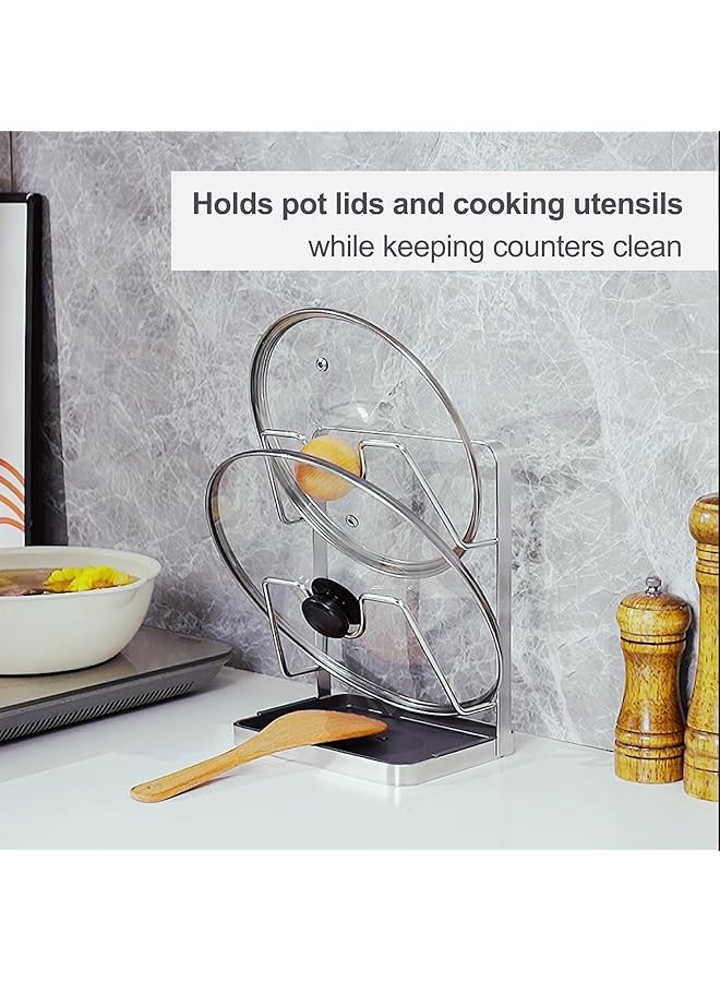 KASTWAVE Vertical Spoon Rest And Lid Stand, Dual Layer 304 Stainless Steel Pot Lid Holder For Stove Top, Kitchen Utensils Pot Lid Holder With Drip Tray, Kitchen Organizer For Counter, Silver - Image 2