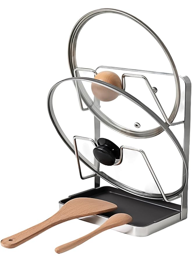 KASTWAVE Vertical Spoon Rest And Lid Stand, Dual Layer 304 Stainless Steel Pot Lid Holder For Stove Top, Kitchen Utensils Pot Lid Holder With Drip Tray, Kitchen Organizer For Counter, Silver - Image 1