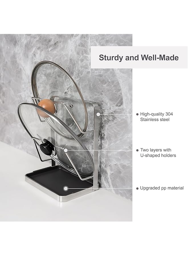 KASTWAVE Vertical Spoon Rest And Lid Stand, Dual Layer 304 Stainless Steel Pot Lid Holder For Stove Top, Kitchen Utensils Pot Lid Holder With Drip Tray, Kitchen Organizer For Counter, Silver - Image 3