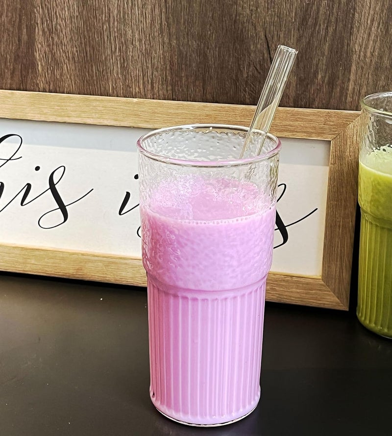 انوشون أكواب زجاجية من مع أغطية ومصاصات - أكواب قهوة سعة 22 أونصة، أكواب شرب، أكواب قهوة مثلجة، أكواب سموثي، أكواب زجاجية، أكواب ماء، زجاج مضلع، أكواب شفافة، أكواب سفر للقهوة، مجموعة أكواب شرب - Image 2
