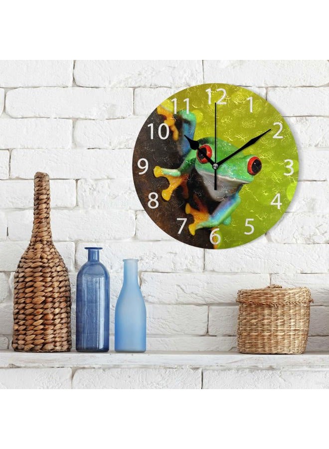 senya Red-Eye Tree Frog Design Round Wall Clock, Silent Non Ticking Oil Painting Decorative for Home Office School Clock Art - Image 3