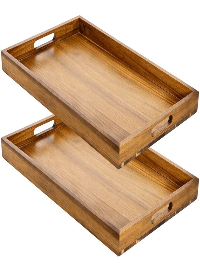 YOUEON 2 Pack 17 x 12 Inch Acacia Wood Serving Tray with Handles, Large Wooden Tray for Ottoman, Breakfast in Bed, Dinner, Coffee Table, Perfect for Living Room, Bedroom & Kitchen - Image 1
