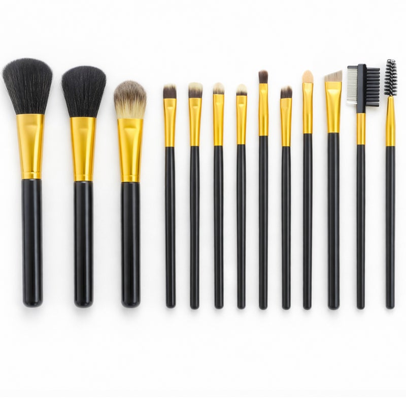 مجموعة فرش مكياج احترافية مكونة من 12 قطعة لدمج المكياج بسلاسة وانسيابية - شعيرات ناعمة وكثيفة لتطبيق مكياج الوجه والعينين بشكل متساوٍ وخالٍ من العيوب، بتصميم أنيق باللونين الأسود والذهبي. - Image 1