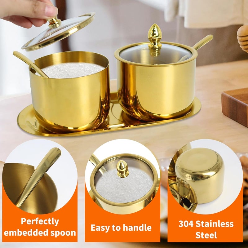 ACOSIY 2 Pack Gold Stainless Steel Sugar Bowl with Lid and Spoon, 10.5oz Small Sugar Container for Coffee Bar, Drum Shape Sugar Cube Holder, Spice Jars for Countertop, Kitchen Ghee Container (2) - Image 2