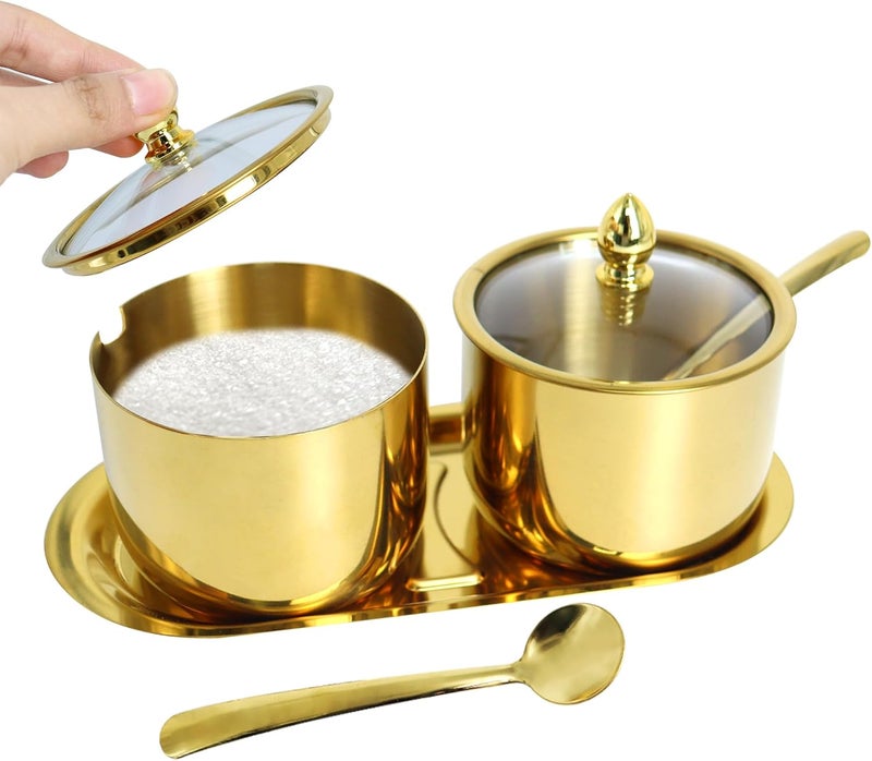 ACOSIY 2 Pack Gold Stainless Steel Sugar Bowl with Lid and Spoon, 10.5oz Small Sugar Container for Coffee Bar, Drum Shape Sugar Cube Holder, Spice Jars for Countertop, Kitchen Ghee Container (2) - Image 1