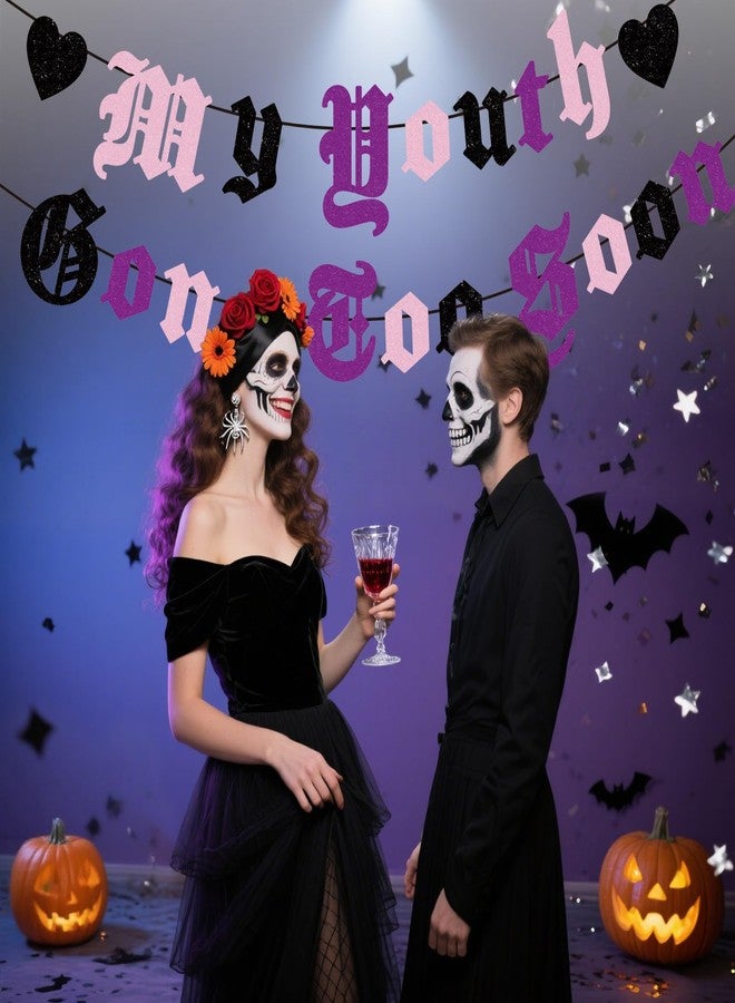 Difuento My Youth Gone Too Soon Old English Goth Banner NO DIY Glitter Gothic Decor Banner for Gothic Party Decorations Funeral Party 20th 30th 40th 50th Birthday Supplies (Pink Black Purple) - Image 2