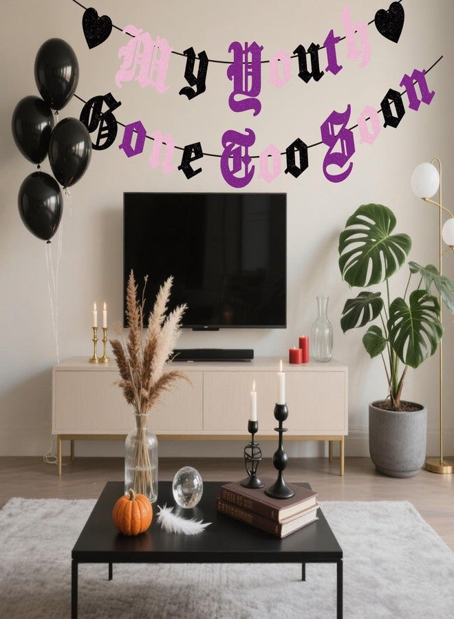 Difuento My Youth Gone Too Soon Old English Goth Banner NO DIY Glitter Gothic Decor Banner for Gothic Party Decorations Funeral Party 20th 30th 40th 50th Birthday Supplies (Pink Black Purple) - Image 3