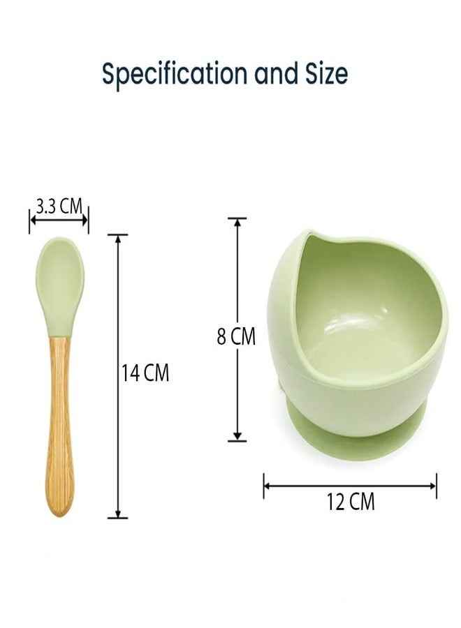 Takositio Takositio Baby Bowls, Dinner Bowl and Wooden Handle Spoon for Eating Training, Silicone Dinnerware for Beginners, Small Mixing Bowls, First Stage Self Feeding Utensils (Green) - Image 2