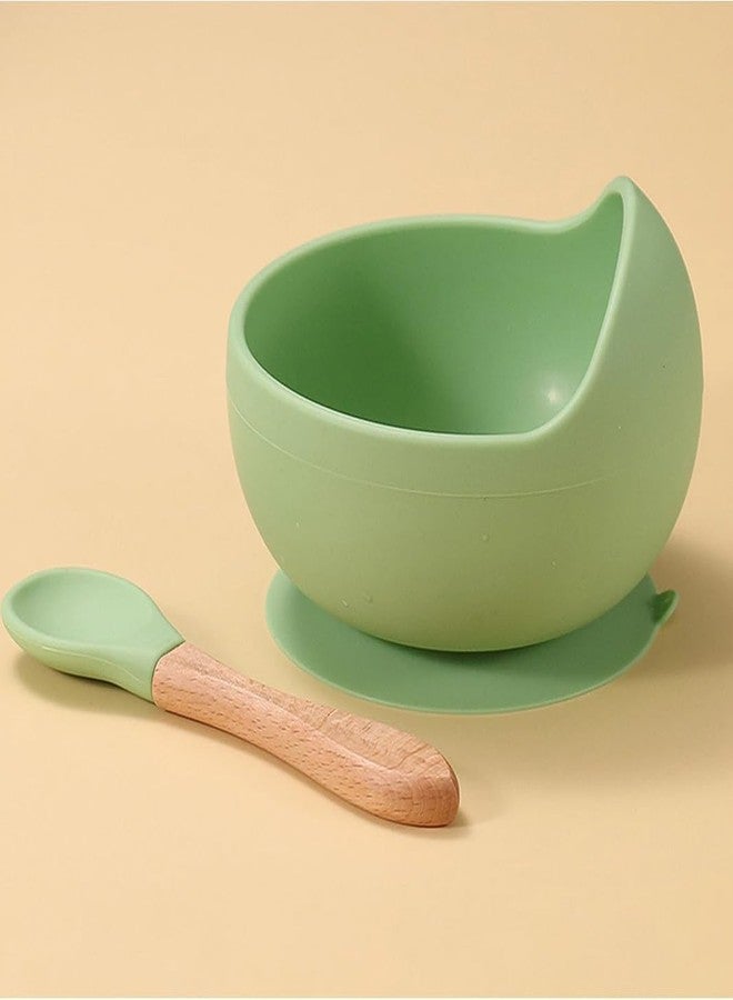 Takositio Takositio Baby Bowls, Dinner Bowl and Wooden Handle Spoon for Eating Training, Silicone Dinnerware for Beginners, Small Mixing Bowls, First Stage Self Feeding Utensils (Green) - Image 3