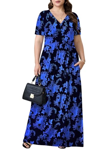 PEVRL Plus Size Maxi Dresses for Women Summer Casual Short Sleeve Long Dress with Pockets Blue Black Ink Flower 3X - Image 2