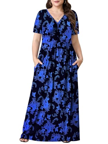 PEVRL Plus Size Maxi Dresses for Women Summer Casual Short Sleeve Long Dress with Pockets Blue Black Ink Flower 3X - Image 1