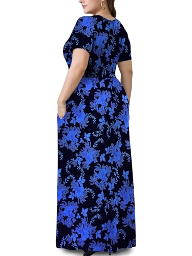 PEVRL Plus Size Maxi Dresses for Women Summer Casual Short Sleeve Long Dress with Pockets Blue Black Ink Flower 3X - Image 3