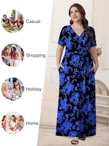 PEVRL Plus Size Maxi Dresses for Women Summer Casual Short Sleeve Long Dress with Pockets Blue Black Ink Flower 3X - Image 4