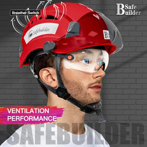 SAFEBUILDER خوذة أمان SAFEBUILDER مع واقي Adjustable خفيفة الوزن ومهوّاة للعمل للرجال معتمدة من ANSI Z89.1 للصناعات والبناء (خوذة حمراء مع واقي شفاف ومظلل) - Image 3