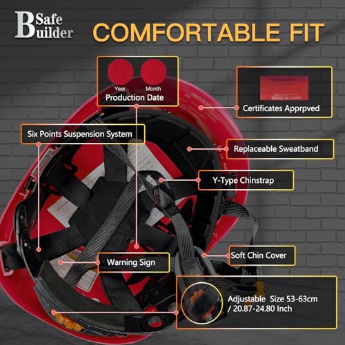 SAFEBUILDER خوذة أمان SAFEBUILDER مع واقي Adjustable خفيفة الوزن ومهوّاة للعمل للرجال معتمدة من ANSI Z89.1 للصناعات والبناء (خوذة حمراء مع واقي شفاف ومظلل) - Image 4