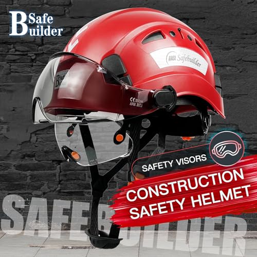 SAFEBUILDER خوذة أمان SAFEBUILDER مع واقي Adjustable خفيفة الوزن ومهوّاة للعمل للرجال معتمدة من ANSI Z89.1 للصناعات والبناء (خوذة حمراء مع واقي شفاف ومظلل) - Image 2