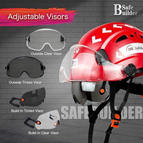 SAFEBUILDER خوذة أمان SAFEBUILDER مع واقي Adjustable خفيفة الوزن ومهوّاة للعمل للرجال معتمدة من ANSI Z89.1 للصناعات والبناء (خوذة حمراء مع واقي شفاف ومظلل) - Image 5