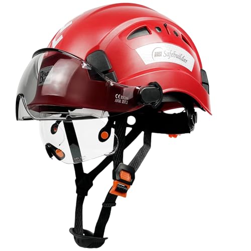 SAFEBUILDER خوذة أمان SAFEBUILDER مع واقي Adjustable خفيفة الوزن ومهوّاة للعمل للرجال معتمدة من ANSI Z89.1 للصناعات والبناء (خوذة حمراء مع واقي شفاف ومظلل) - Image 1