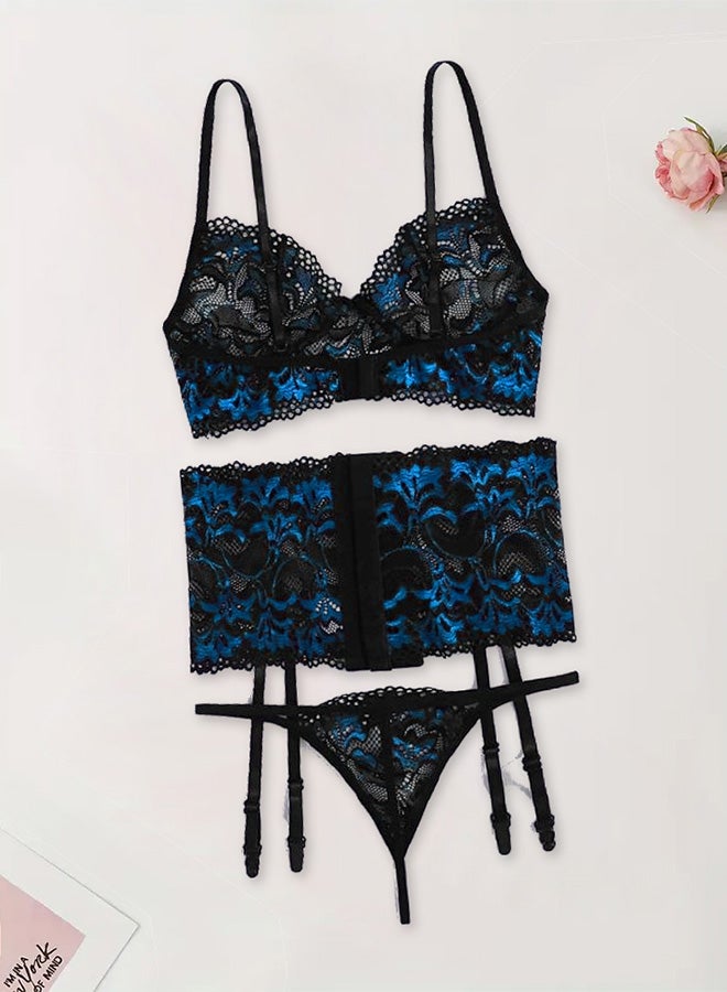 MARGOUN Women Large Lingerie Set Transparent Lace Lingerie Set Passion Outfit Sleepwear Babydoll Set Suspenders Deep V Bodysuit Corset Nightwear Blue - Image 4