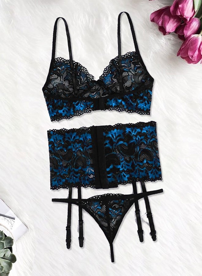 MARGOUN Women Large Lingerie Set Transparent Lace Lingerie Set Passion Outfit Sleepwear Babydoll Set Suspenders Deep V Bodysuit Corset Nightwear Blue - Image 1