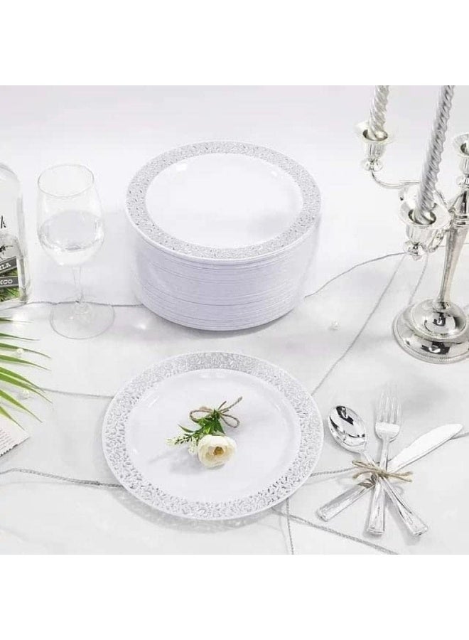 AIWANTO 175 Pieces Silver Lace Design Dinnerware Set Lace Plastic Plates, Plastic Cups, Paper Napkins, Spoon, Forks, Knives Tableware Party Supplies - Image 2