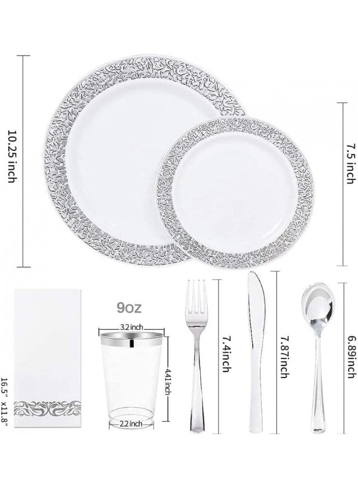 AIWANTO 175 Pieces Silver Lace Design Dinnerware Set Lace Plastic Plates, Plastic Cups, Paper Napkins, Spoon, Forks, Knives Tableware Party Supplies - Image 4