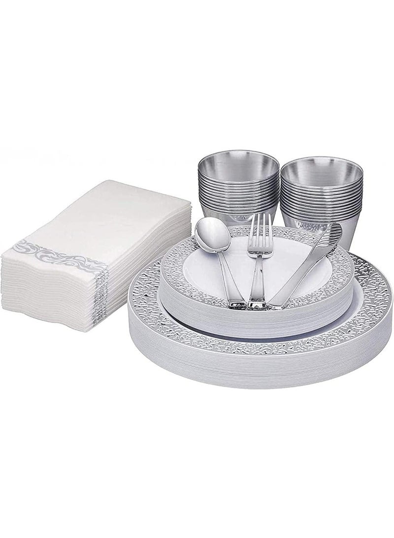 AIWANTO 175 Pieces Silver Lace Design Dinnerware Set Lace Plastic Plates, Plastic Cups, Paper Napkins, Spoon, Forks, Knives Tableware Party Supplies - Image 1