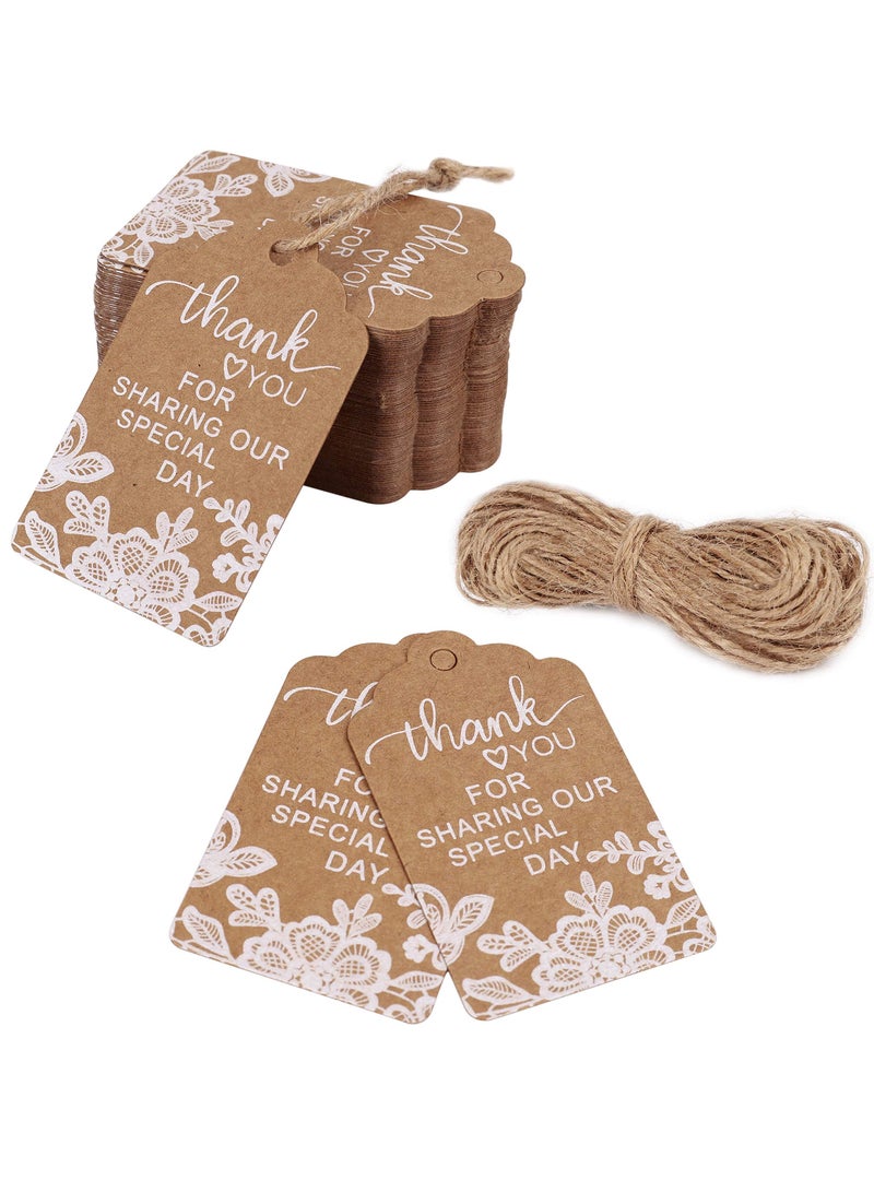 Excefore 100 Pcs Kraft Gift Paper Tags, White Lace Print Hang Tag with 40 Meters Hemp Rope, Thank You for Sharing Our Special Day" Rectangle Brown Tags, Suitable for Gifts Wrapping, Craft Project - Image 1