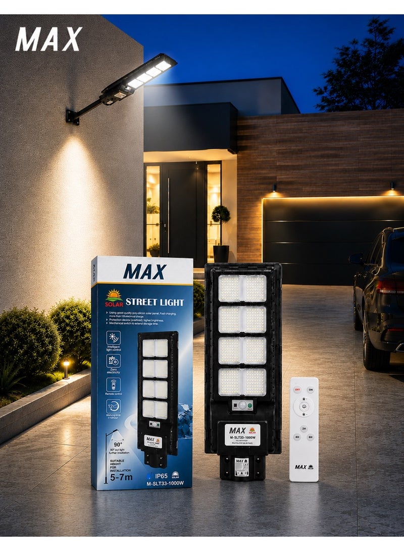 MAX 1000W Solar LED Street Light, 6500K Bright White, IP65 Waterproof, Motion Sensor, Remote Control, Dusk to Dawn, No Wiring, Outdoor Security Light for Villa, Garden, Driveway, Parking Lot & Yard - Image 1
