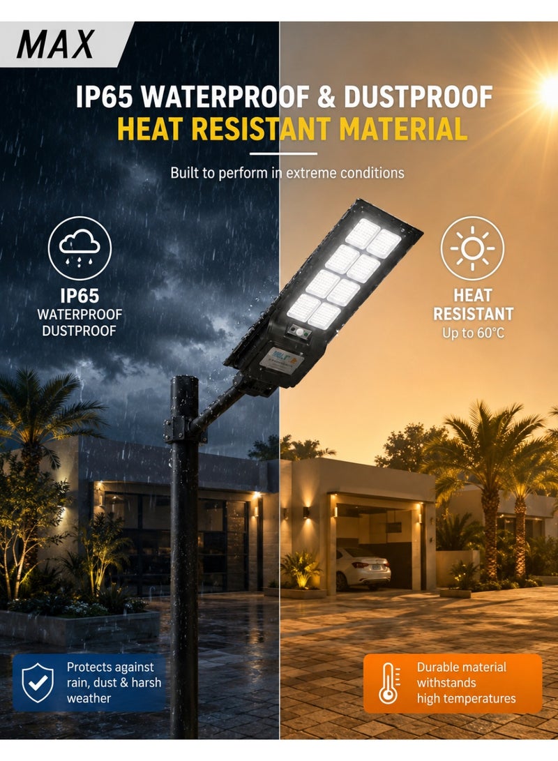 MAX 1000W Solar LED Street Light, 6500K Bright White, IP65 Waterproof, Motion Sensor, Remote Control, Dusk to Dawn, No Wiring, Outdoor Security Light for Villa, Garden, Driveway, Parking Lot & Yard - Image 3