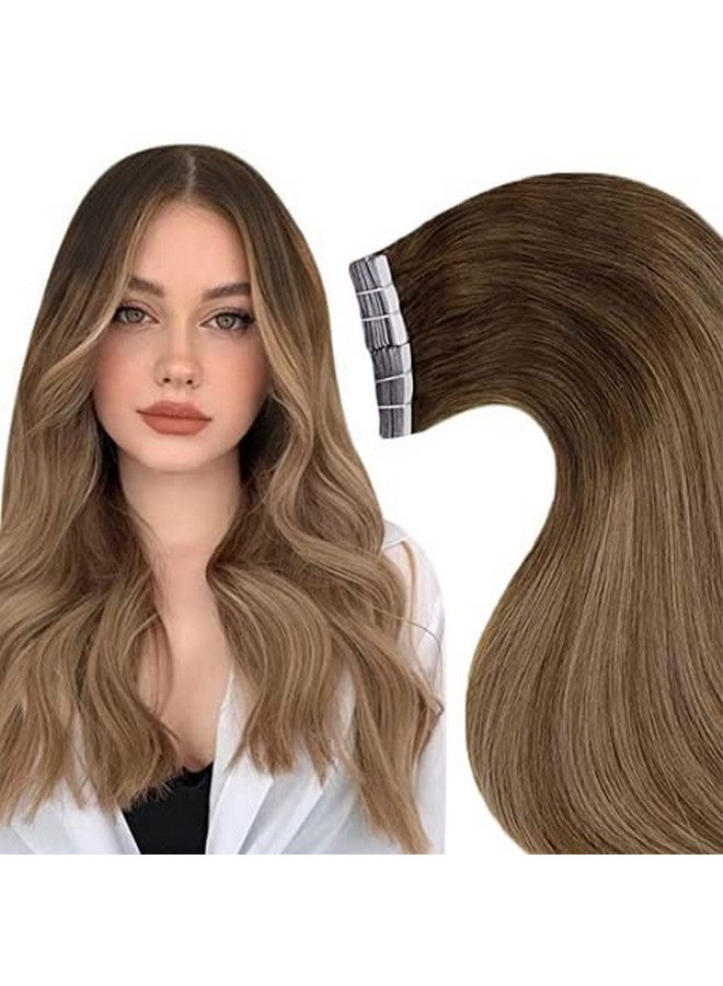 LaaVoo Tape In Hair Extensions Real Human Hair 22 Inch Brown Balayage Ombre Tape In Hair Extensions Human Hair Silky Straight Medium Brown Mix Golden Brown 50G 20Pcs  - Image 1