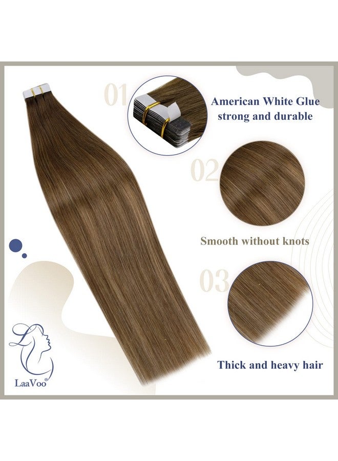 LaaVoo Tape In Hair Extensions Real Human Hair 22 Inch Brown Balayage Ombre Tape In Hair Extensions Human Hair Silky Straight Medium Brown Mix Golden Brown 50G 20Pcs  - Image 3