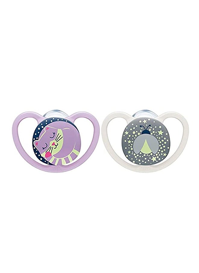 NUK NUK Space Orthodontic Silicone Soother (Night Glow In The Dark) Cat And Firefly Pack Of 2  - Image 1
