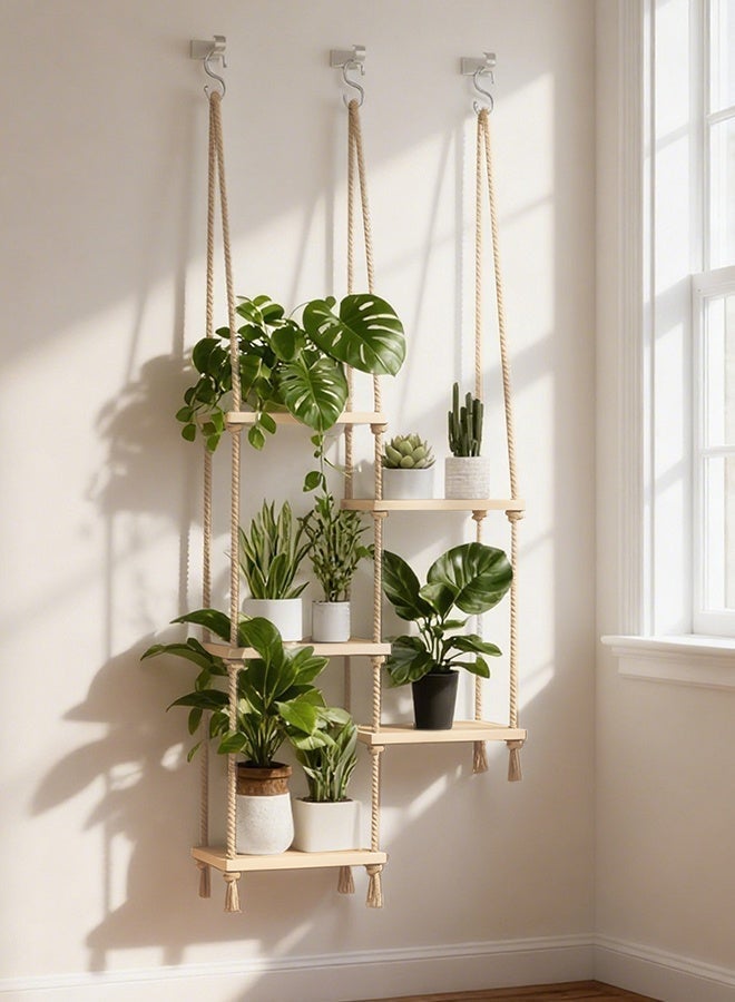 Hanging Plant Shelf, Wooden Board with Jute Rope, Wall/Ceiling MacramÃ© Plant Holder, Rustic Boho Storage for Indoor Balcony/Living Room