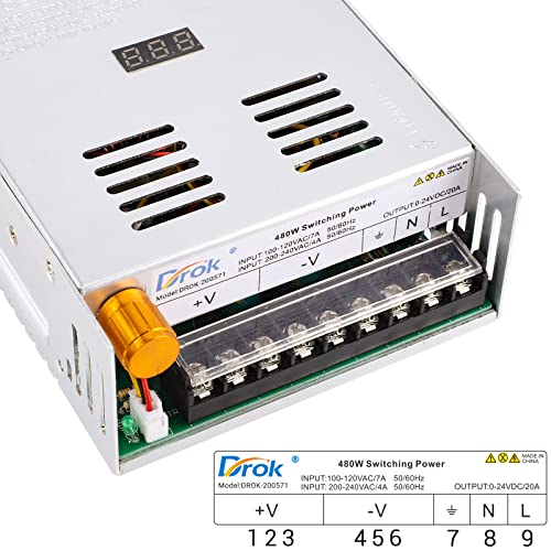 DROK 24V Power Supply, AC 110V/220V to DC 0-24V 20A 480W Buck Converter, Variable Adjustable Adapter Regulated 5V 12V 24V Volt Switching Voltage LED Transformer 20A Amp Charger for Computer Lab - Image 3