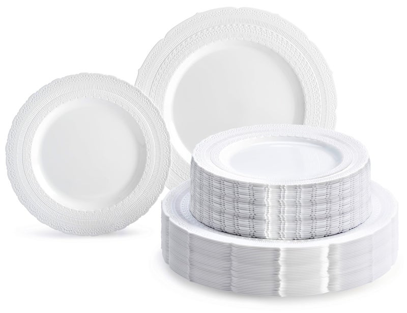 OCCASIONS FINEST PLASTIC TABLEWARE OCCASIONS  120 Plates Pack60 Guests Extra Heavyweight Vintage Wedding DisposableReusable Plastic Plates 60 x 11 Dinner  60 x 825 SaladDessert Plate Chateau White 