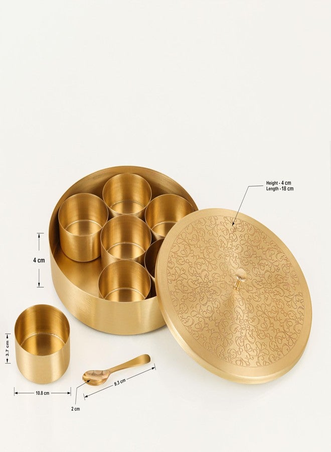 AKSHATA® Handcrafted Brass Spice Box Set for Kitchen with Spoon (7 Containers, 120 ML) - Brass Masala Box for Kitchen - Species Container - Masala dabba - Masala Petti - Masaledani,Gold 1 SET - Image 5