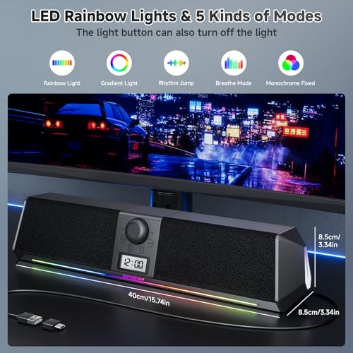 SOULION R80 Bluetooth Computer Speakers, USB Plug & Play PC Speakers with Digital Clock Display, Clear Sound Soundbar with Colorful LED Lights for Desktop Monitor Laptop (USB Adapter Included) - Image 3