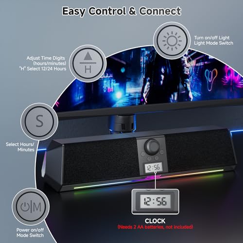 SOULION R80 Bluetooth Computer Speakers, USB Plug & Play PC Speakers with Digital Clock Display, Clear Sound Soundbar with Colorful LED Lights for Desktop Monitor Laptop (USB Adapter Included) - Image 4