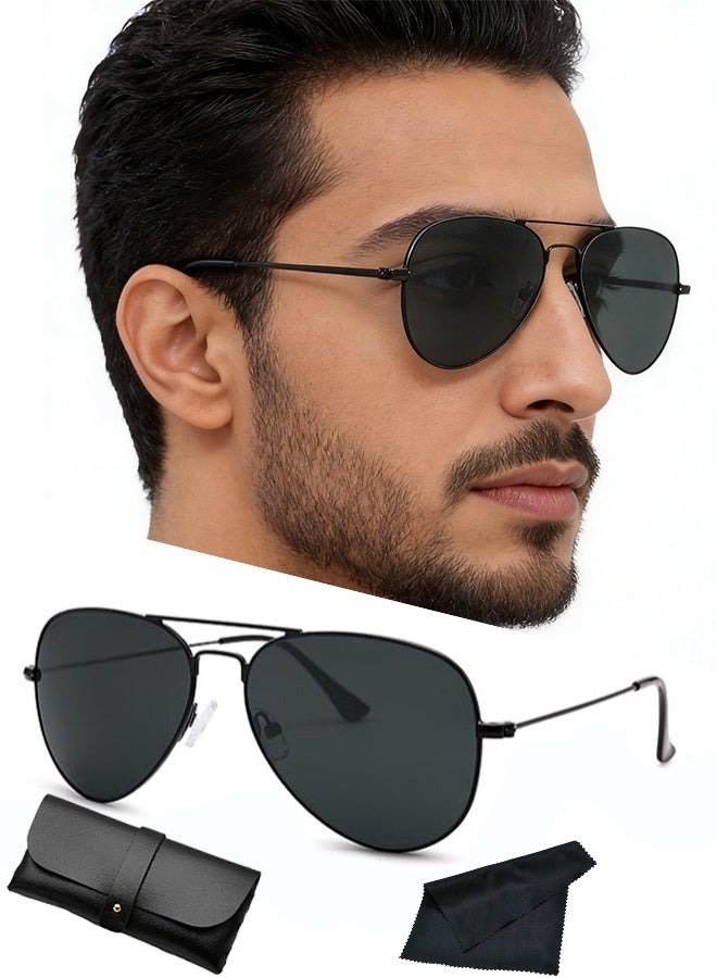 نظارات شمسية طيار مستقطبة وغير مستقطبة مع حقيبة نظارات وقماش نظارات للرجال والنساء حماية من الأشعة فوق البنفسجية تصميم متين وطويل الأمد للملابس اليومية أسلوب الشارع السفر الشاطئ، إطار أسود عدسات رمادية - Image 1