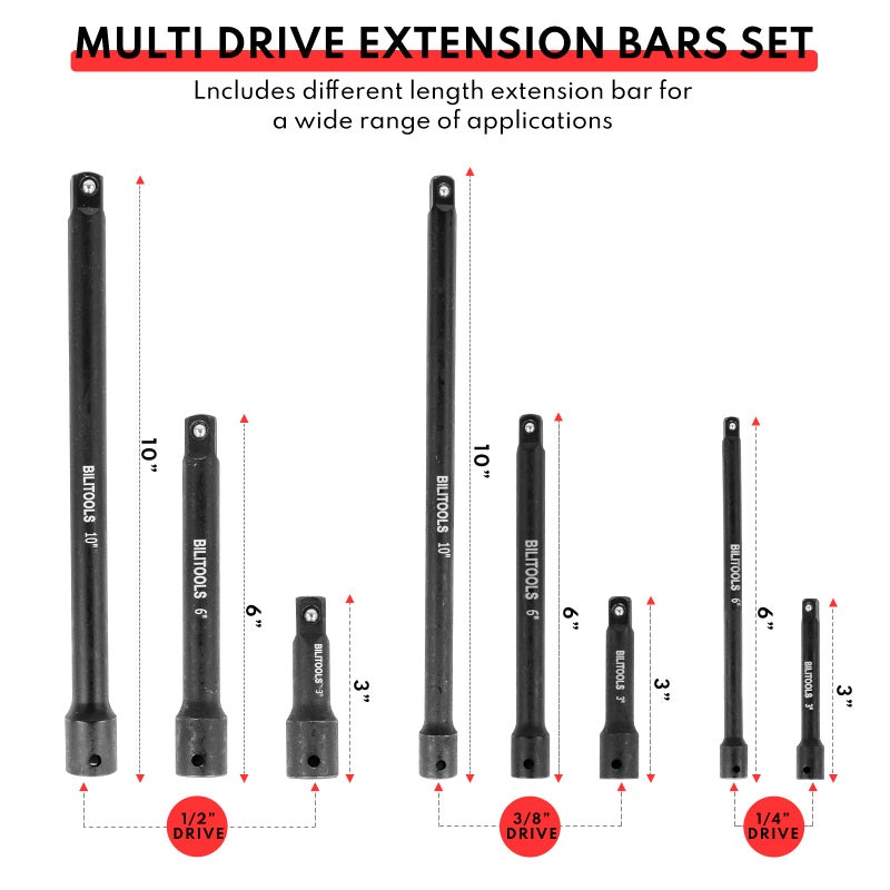 BILITOOLS 18-Piece Drive Tool Accessory Set, includes 1/4" 3/8” & 1/2” Drive Socket Extension Set, Socket Adapter, Universal Joints, Cr-V Steel - Image 4