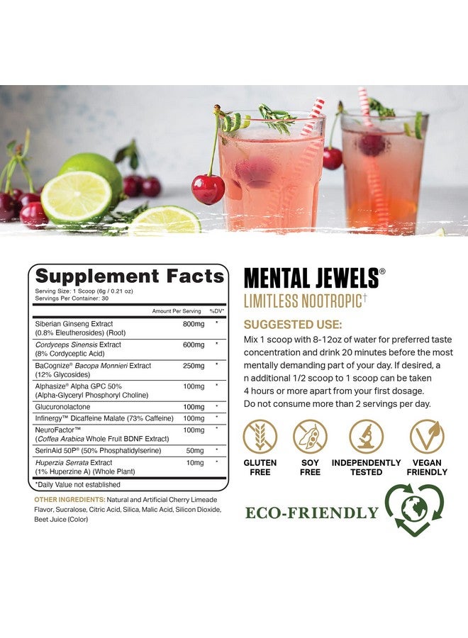 Ambrosia Mental Jewels Powder Cognitive Enhancer ; Increase Memory Communication Skills Concentration & Focus ; Decrease Reaction Time ; Alpha Gpc Choline Bacognize ; 30 Servings; Cherry Limeade - Image 2