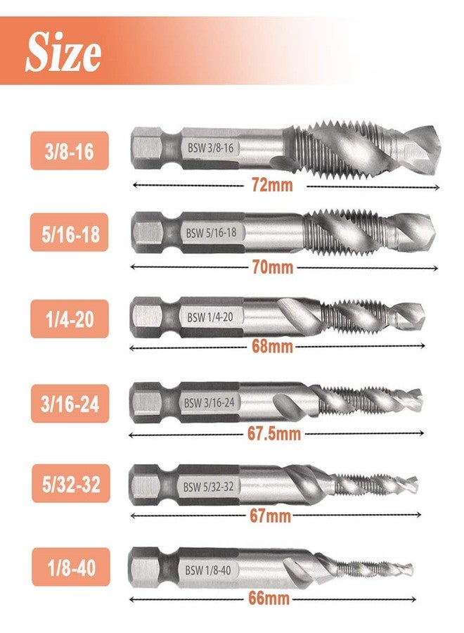 Mesee 6 Pieces Drill Tap Combination Bit Set, 1/4'' Hex Shank HSS Deburr Countersink Bits Spiral Screw Tap Tool Kit - Imperial 1/8 5/32 3/16 1/4 5/16 3/8 - Image 4